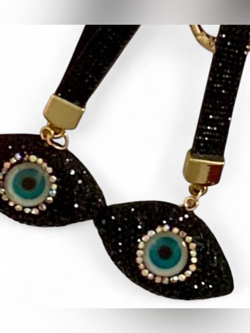 Black or White Glitter Evil Eye Drop Key Chain or Bag Charm w/Blue Accents